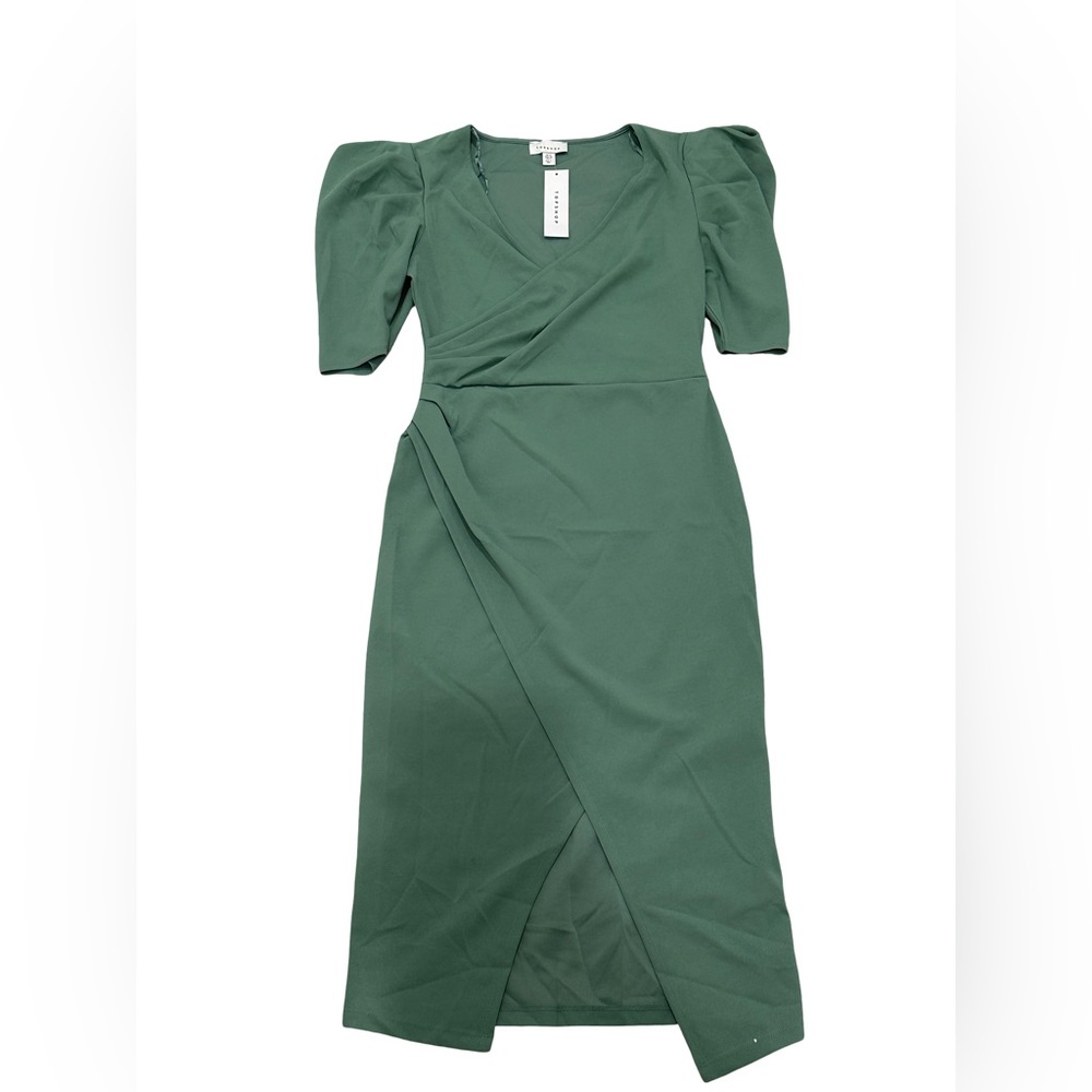 Topshop Green Puff Sleeve Wrap Midi Dress Women’s Size 8 NWT